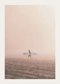 Photographic surfer with board on beach in fog, beige tones-3