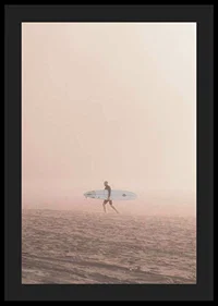 Photographic surfer with board on beach in fog, beige tones-4