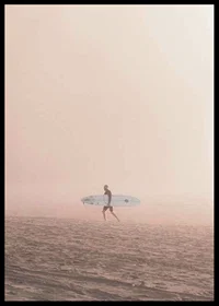 Photographic surfer with board on beach in fog, beige tones-6