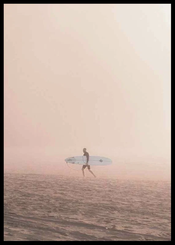 Photographic surfer with board on beach in fog, beige tones-12