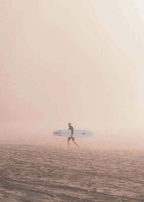 Photographic surfer with board on beach in fog, beige tones-12