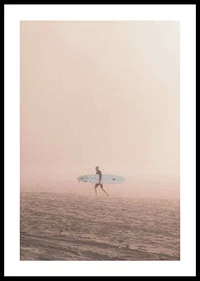 Photographic surfer with board on beach in fog, beige tones-0