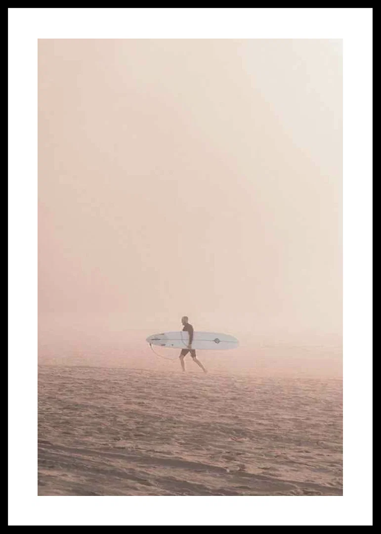 Photographic surfer with board on beach in fog, beige tones-12