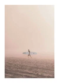 Photographic surfer with board on beach in fog, beige tones-1