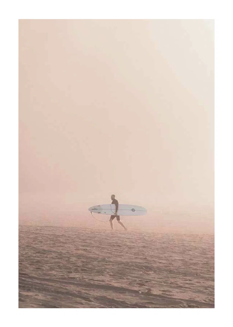 Photographic surfer with board on beach in fog, beige tones-12