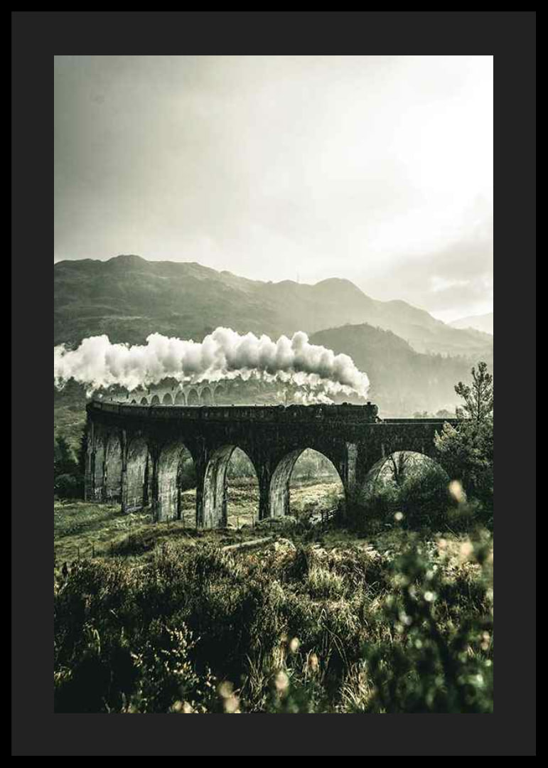 Photograph of train on Glenfinnan Viaduct in green valley-12