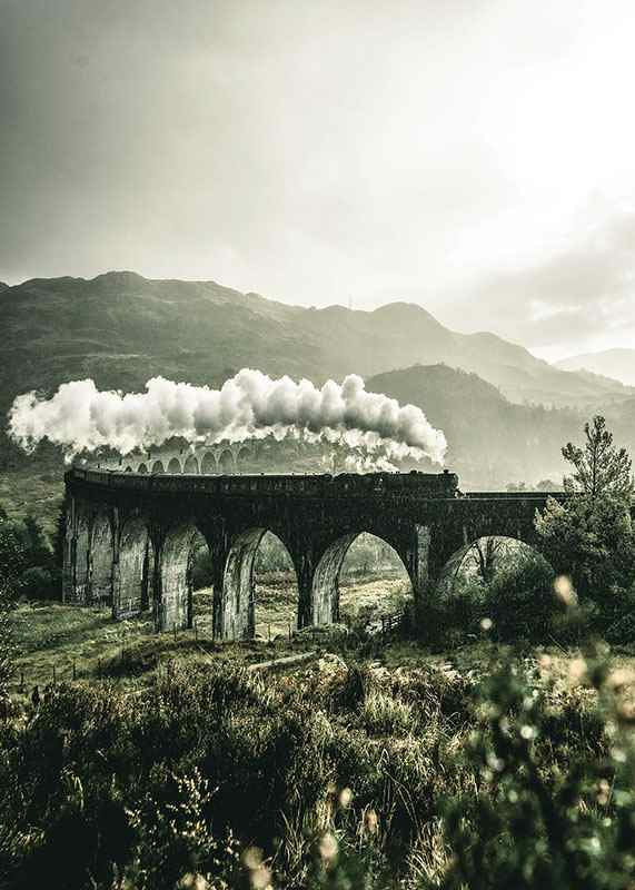 Photograph of train on Glenfinnan Viaduct in green valley-12