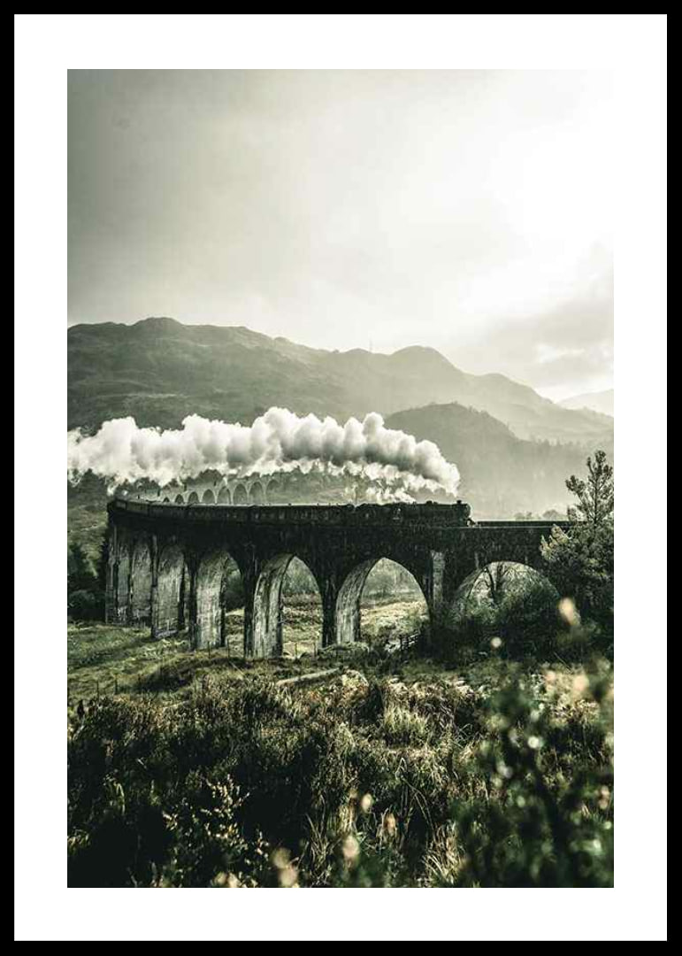 Photograph of train on Glenfinnan Viaduct in green valley-12