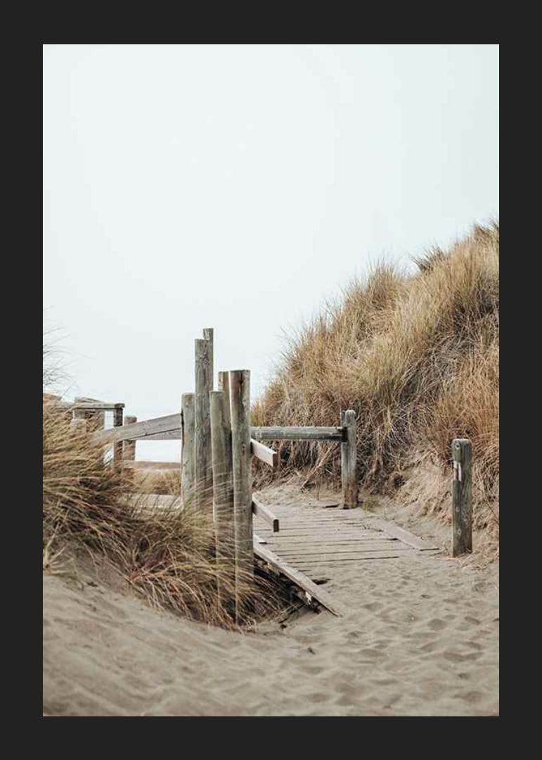 Photograph of wooden boardwalk through sand dunes down to the beach-12