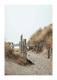 Photograph of wooden boardwalk through sand dunes down to the beach-1