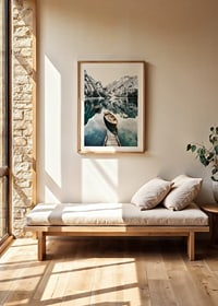 Photograph of rowboats on clear lake with snow-capped mountains-8