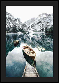 Photograph of rowboats on clear lake with snow-capped mountains-4