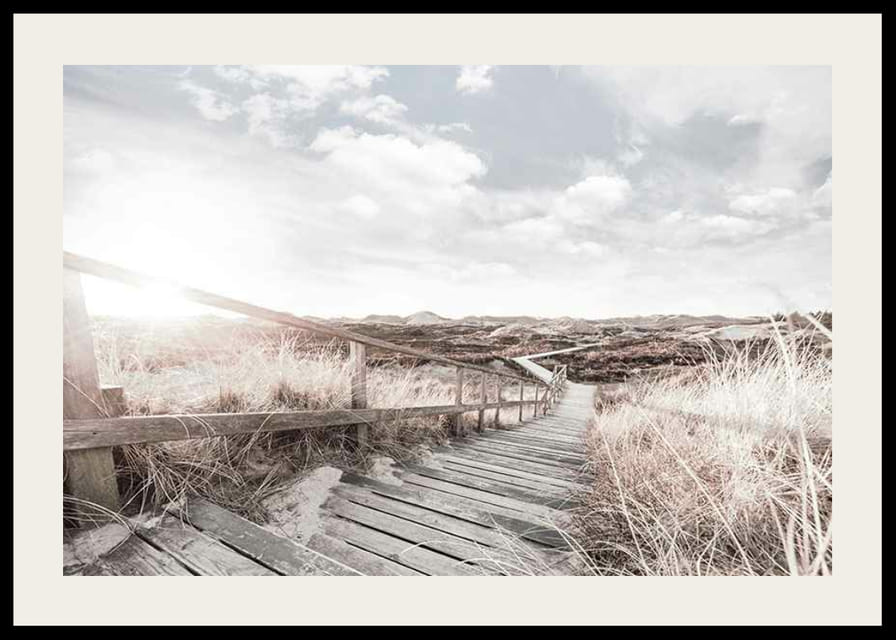 Photographie d'une passerelle en bois traversant des dunes de sable et d'herbe en contre-jour-12