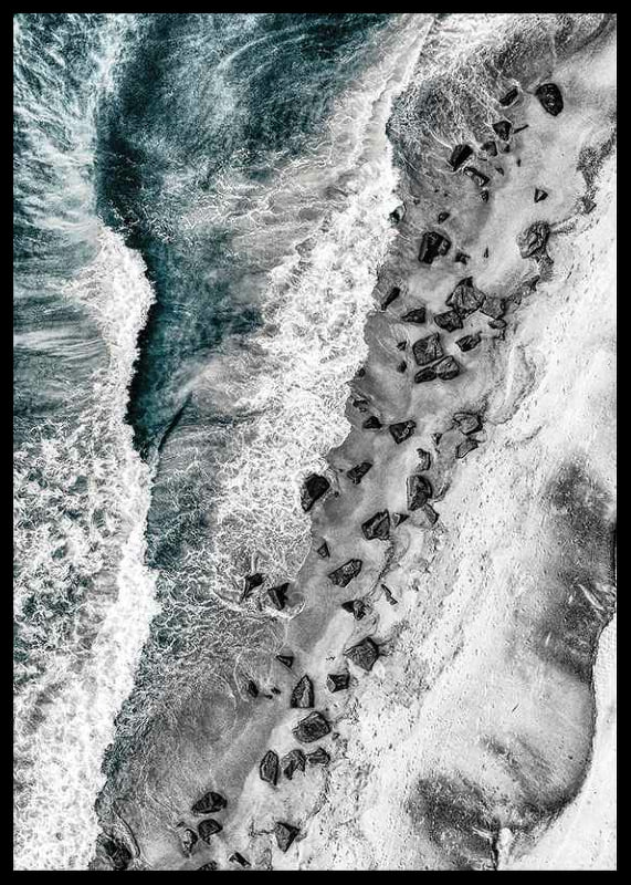 Bird's eye view of rocky beach with turquoise sea water-12
