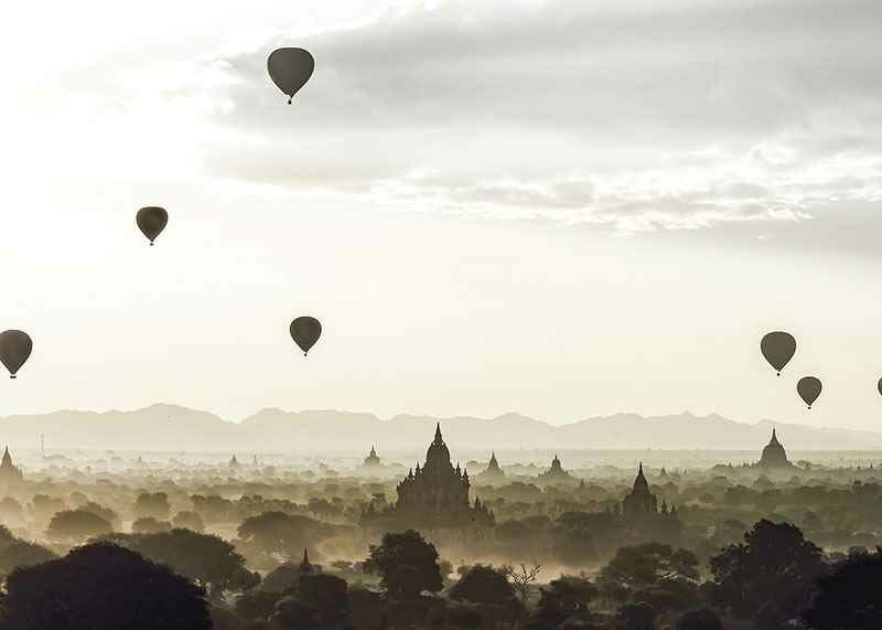Photograph of hot air balloons over temples in Bagan, Myanmar-12