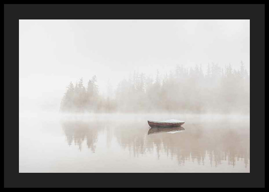 Red rowboat on calm lake with fog and forest in the background-12