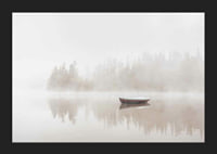 Red rowboat on calm lake with fog and forest in the background-5