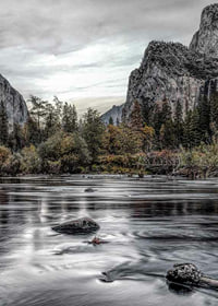Photograph of Merced River in Yosemite with fall colors and rocks-7
