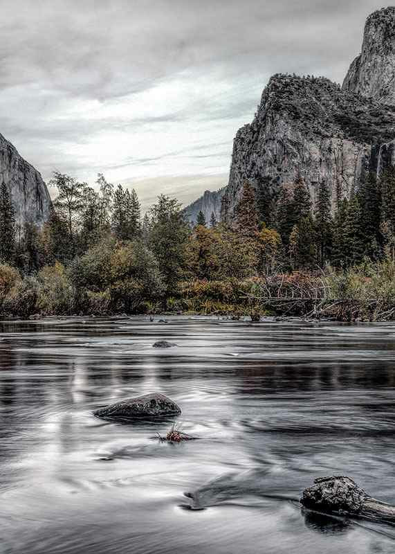 Photograph of Merced River in Yosemite with fall colors and rocks-12