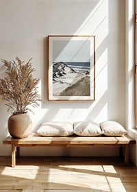 Photographic coastal landscape with sand dunes and sea in soft tones-8