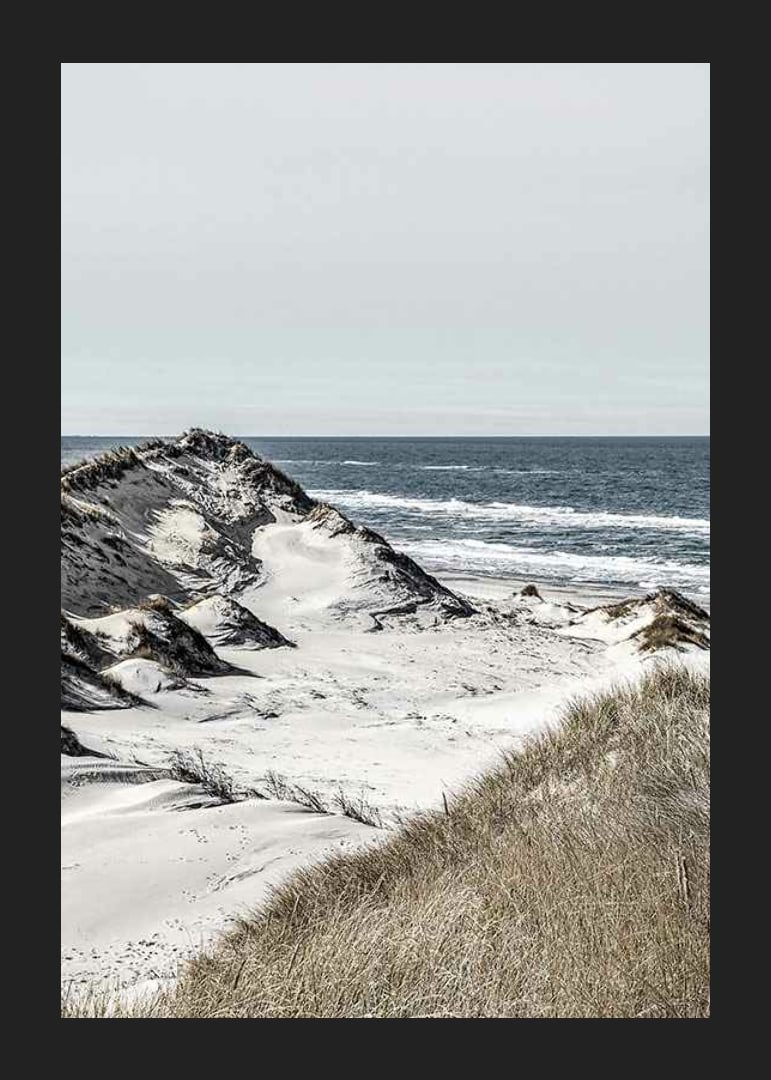 Photographic coastal landscape with sand dunes and sea in soft tones-12