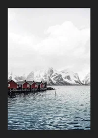 Photograph of red fishing huts by the water and snow-capped mountains-5