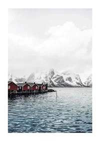 Photograph of red fishing huts by the water and snow-capped mountains-1