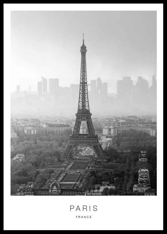 Black and white photograph of the Eiffel Tower with Paris cityscape-12