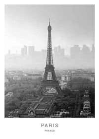 Black and white photograph of the Eiffel Tower with Paris cityscape-1