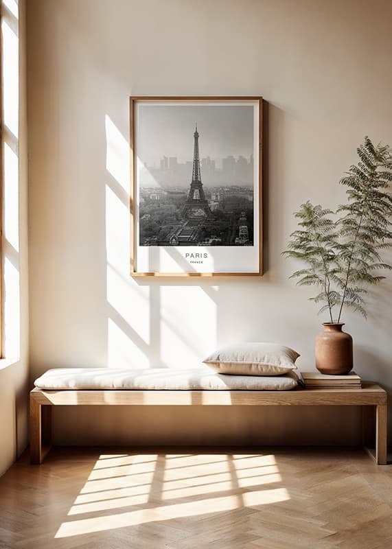 Black and white photograph of the Eiffel Tower with Paris cityscape-12