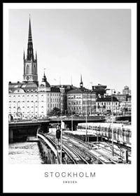 Black and white photo of Stockholm city skyline with train tracks-0