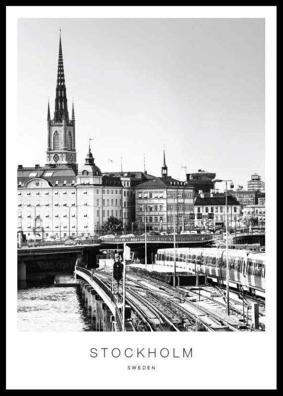 Black and white photo of Stockholm city skyline with train tracks-12