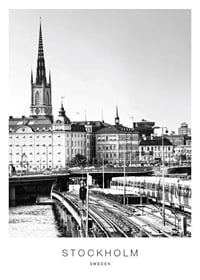 Black and white photo of Stockholm city skyline with train tracks-1