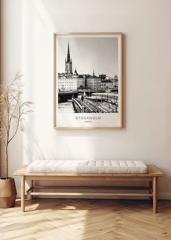 Black and white photo of Stockholm city skyline with train tracks-12