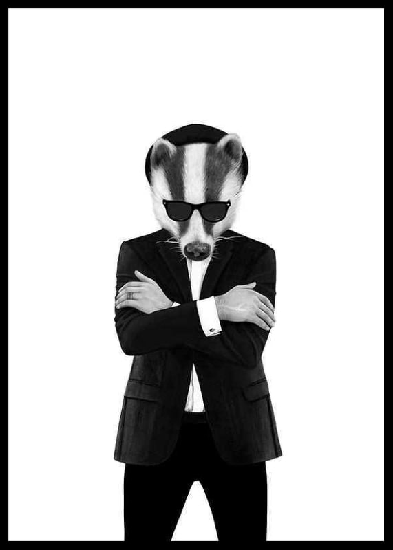 Black and white illustration of badger in suit and sunglasses-12