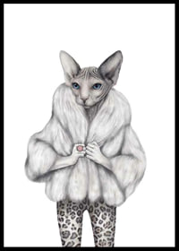 Illustrated sphynx cat in white fur jacket and leopard pants-0