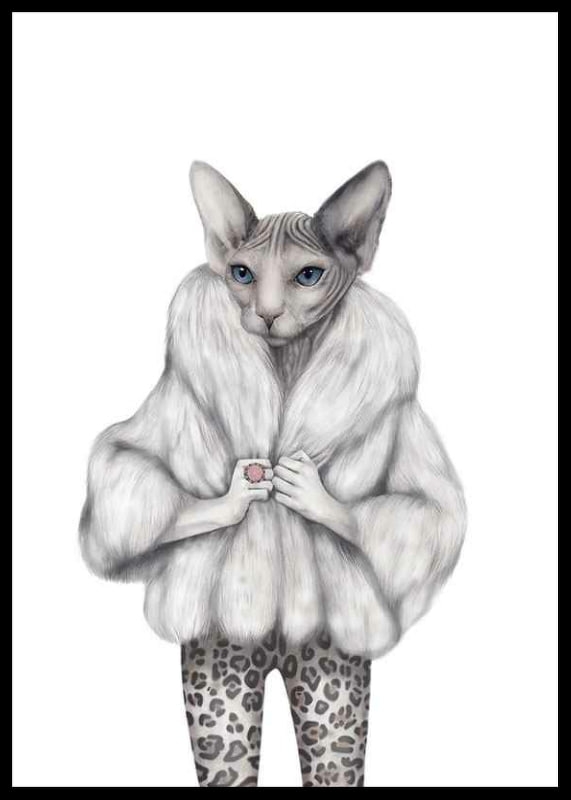 Illustrated sphynx cat in white fur jacket and leopard pants-12