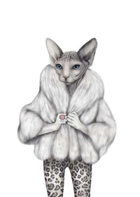 Illustrated sphynx cat in white fur jacket and leopard pants-1