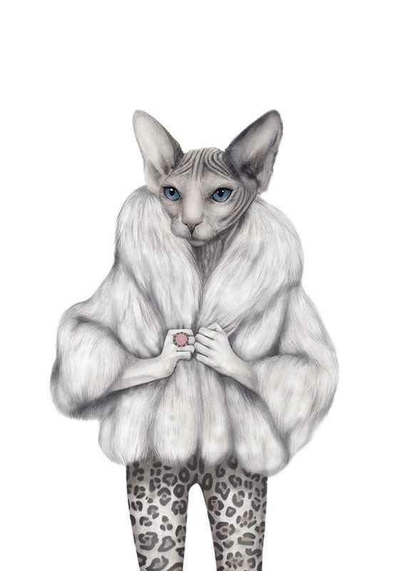 Illustrated sphynx cat in white fur jacket and leopard pants-12