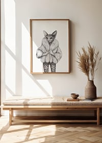 Illustrated sphynx cat in white fur jacket and leopard pants-2