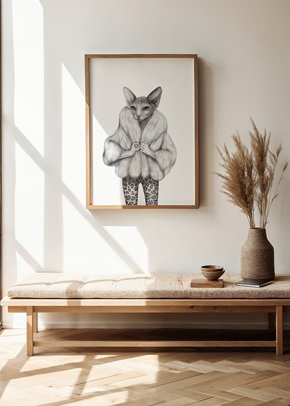 Illustrated sphynx cat in white fur jacket and leopard pants-12