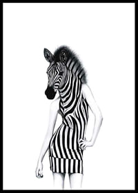 Black and white illustration of woman with zebra skin and dress-0