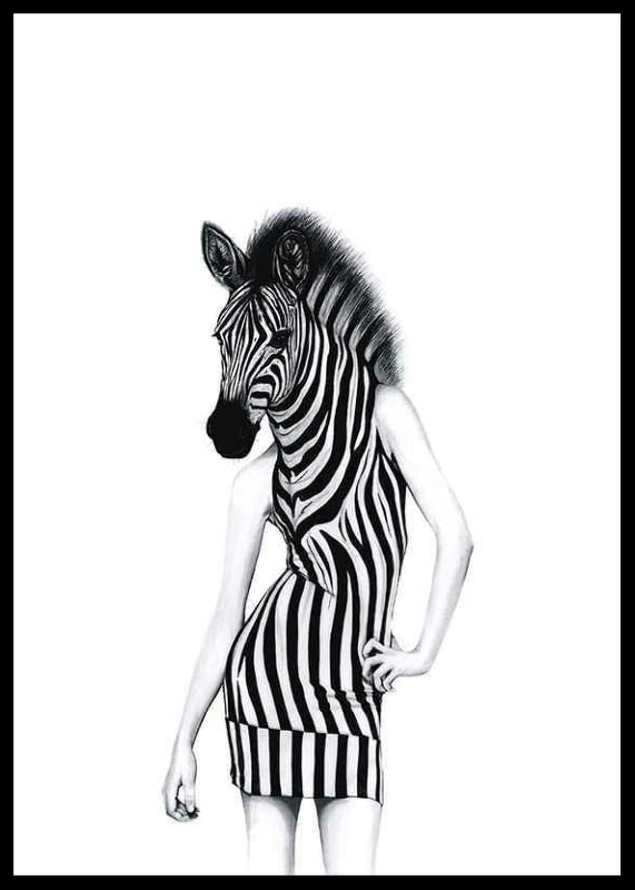 Black and white illustration of woman with zebra skin and dress-12