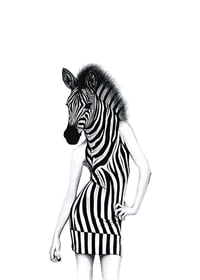 Black and white illustration of woman with zebra skin and dress-1