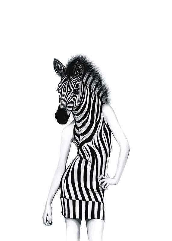 Black and white illustration of woman with zebra skin and dress-12