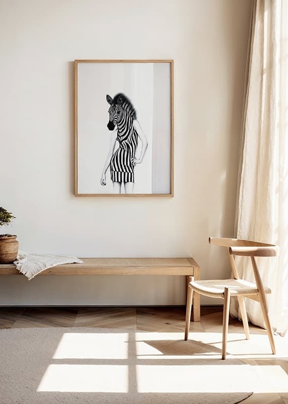 Black and white illustration of woman with zebra skin and dress-12