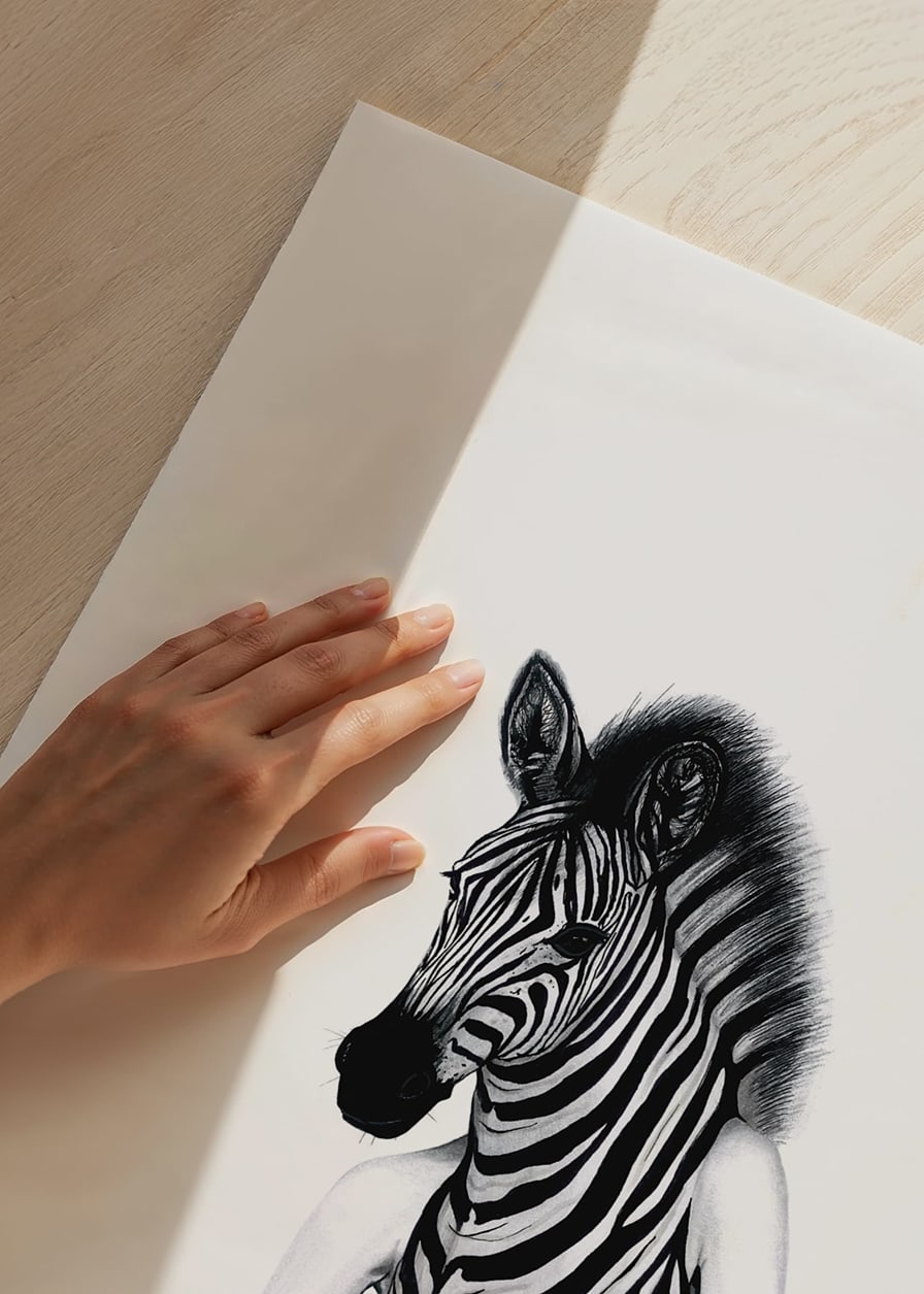 Black and white illustration of woman with zebra skin and dress-12