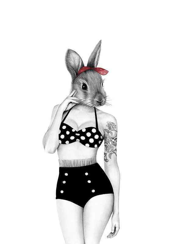 Coniglio illustrato con sciarpa rossa e bikini a pois, Wieslander-12
