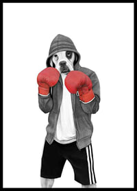 Geïllustreerde boxerhond met bokshandschoenen en grijze hoodie-0