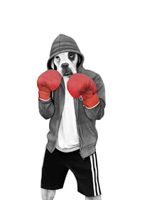 Geïllustreerde boxerhond met bokshandschoenen en grijze hoodie-1